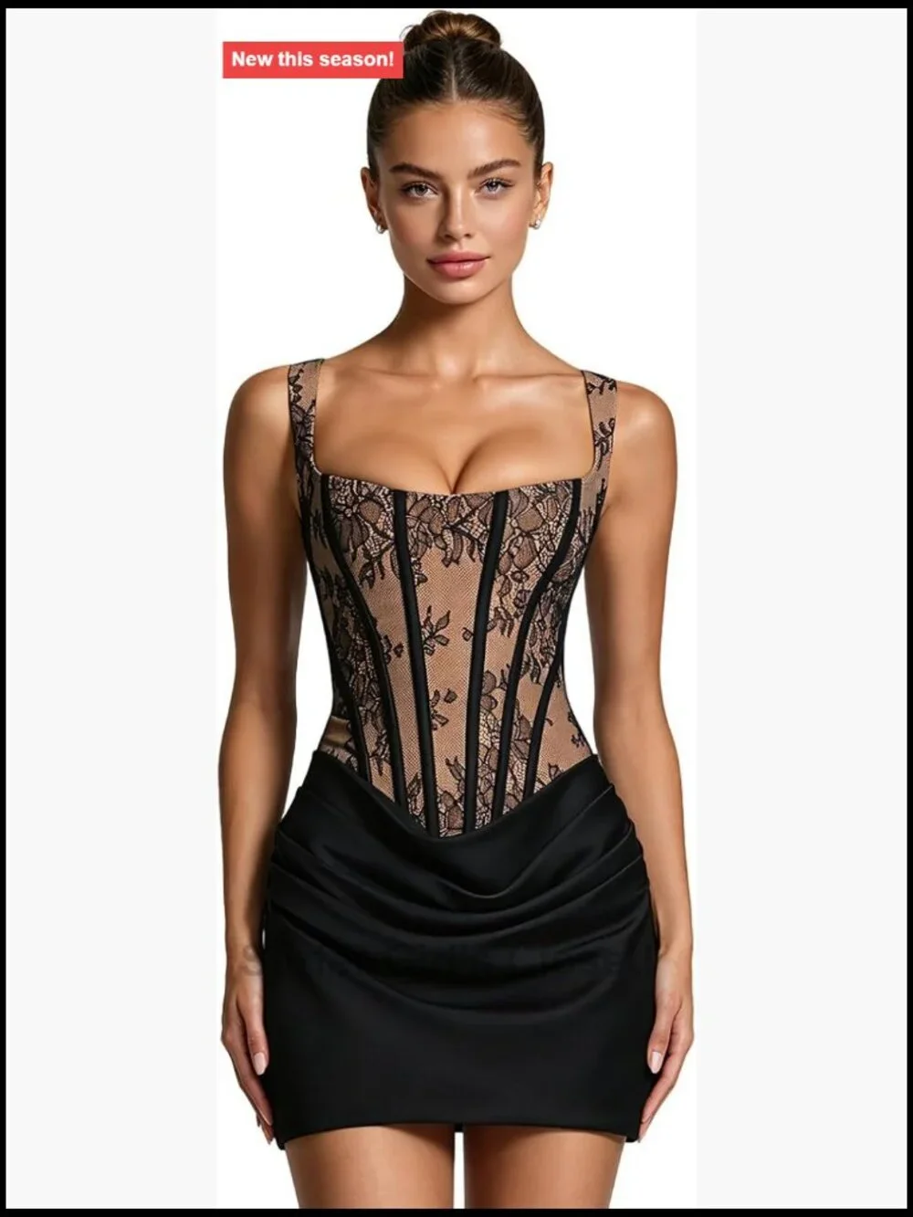 Women's Floral Lace Boning Corset Mini Dress Sexy Lace Up Bodycon Square Neck